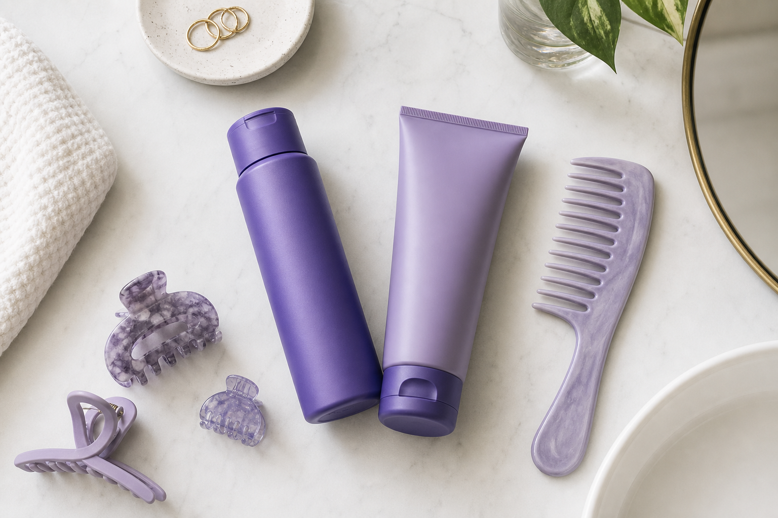 Purple hair care bottles, comb, and clips on a bathroom counter