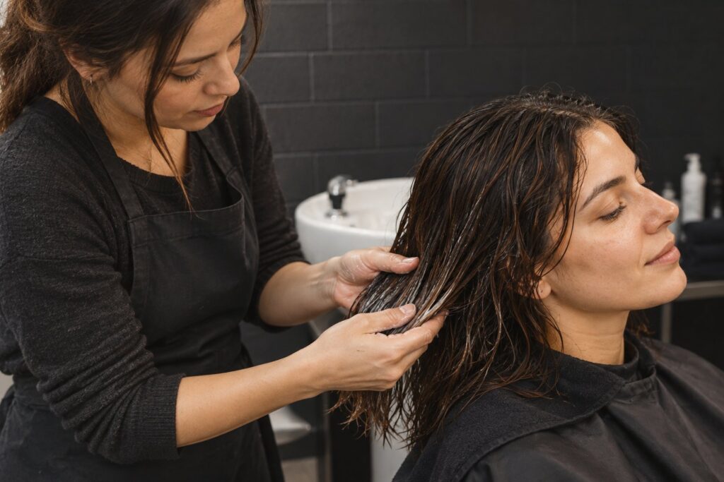 Stylist working conditioner through a client's damp hair at a salon