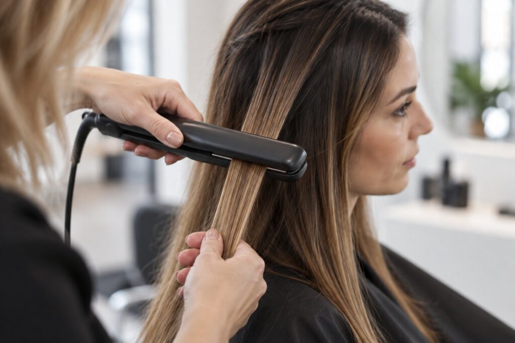 Stylist using a flat iron on dry hair at a low setting to limit heat damage