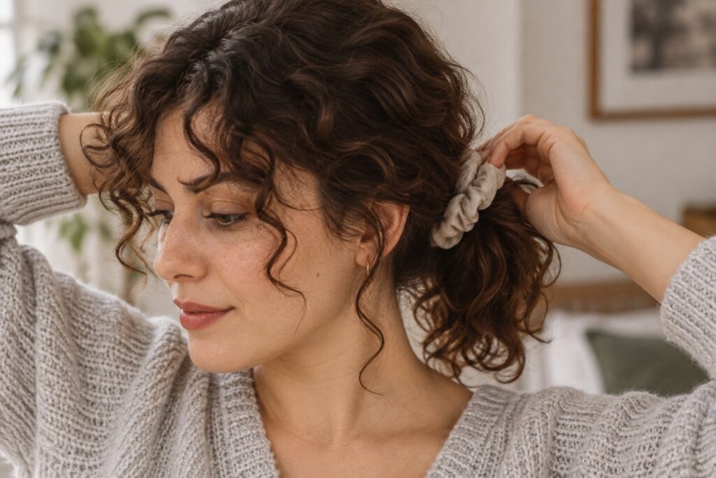 Woman with curly hair tying a loose scrunchie ponytail to avoid tension breakage